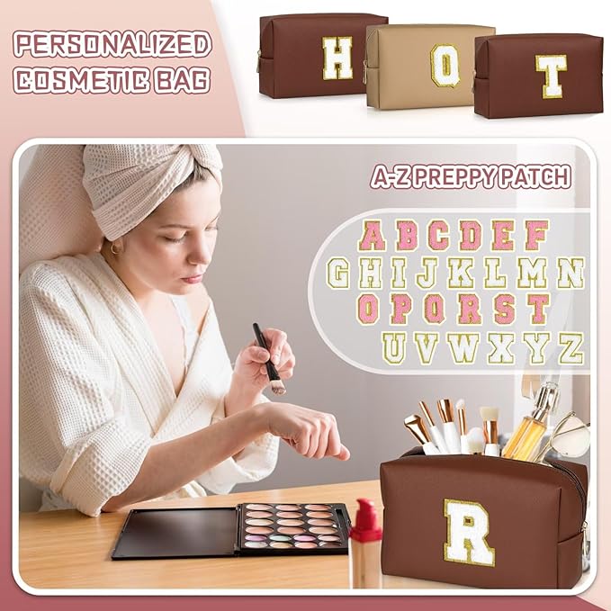 TOPEAST Personalized Birthday Gifts for Women, Preppy Patch Makeup Bag, Chenille Letter Pouch Cosmetic Bag, Travel Organizer, Gifts for Friends, Cute Stuff for Women (Brown L)