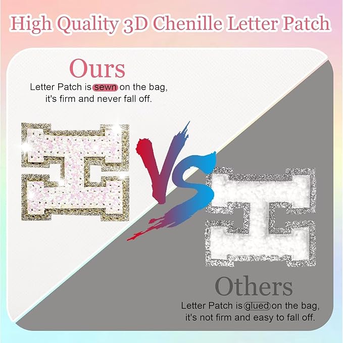 Small Personalized Glitter Initial Letter Makeup Bag, Cute PU Leather Chenille Letters Cosmetic Bag Travel Makeup Pouch, Preppy Travel Organizer Zipper Pouch for Women&Girls（White-I）