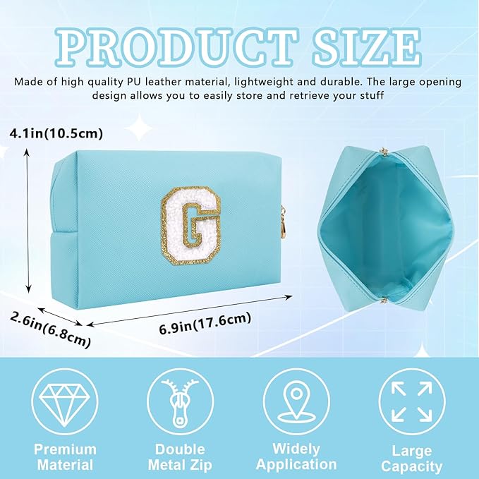 Personalized Initial Letter Patch Makeup Bag, Preppy Portable Chenille Cosmetic Bag with Zipper, PU Leather Waterproof Travel Toiletry Bag Monogram Make Up Pouch for Women Girls
