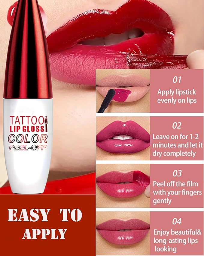 Peel Off Lip StainTattoo Lip Gloss,2 Pcs Pink Nude Red Matte Lip Liner Stain Peel Off Waterproof Long Lasting,Highly Pigmented Transfer-Proof Non-Stick Tinted Liquid Lipstick Makeup for Women-01+02