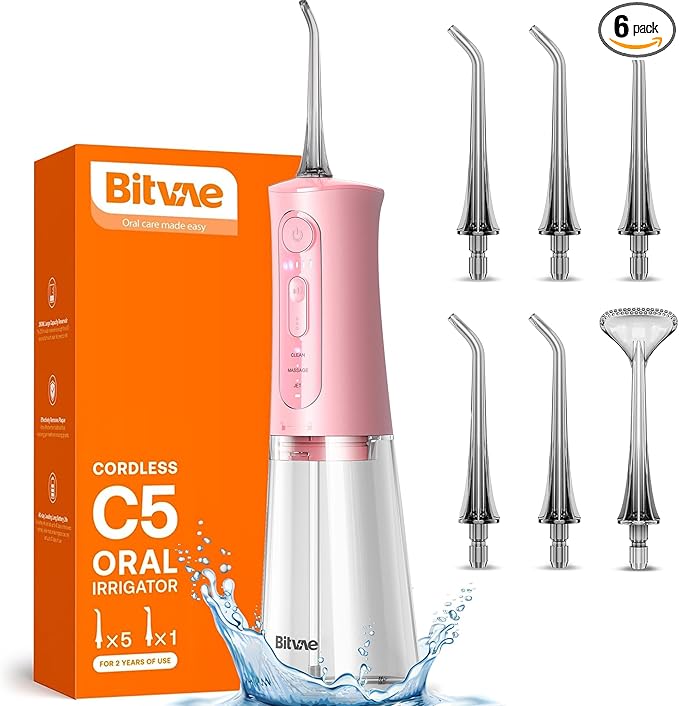 Bitvae Water Dental Flosser Teeth Picks, Cordless Portable Oral Irrigator, Powerful and Rechargeable Oral Irrigator, Brace Care, IPX7 Waterproof Water Dental Picks for Cleaning, Quartz Pink
