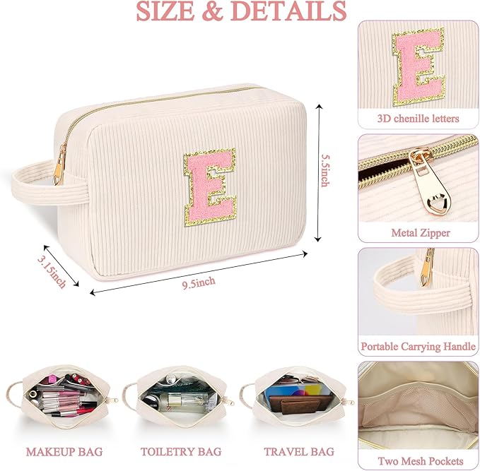 Personalized Initial Makeup Bag Trendy Stuff Corduroy Cosmetic Bag Travel Toiletry Bag, Christmas/Thanksgiving/Halloween Gifts Makeup Organizer Case for Women Girls Mom Girlfriend Wife - White