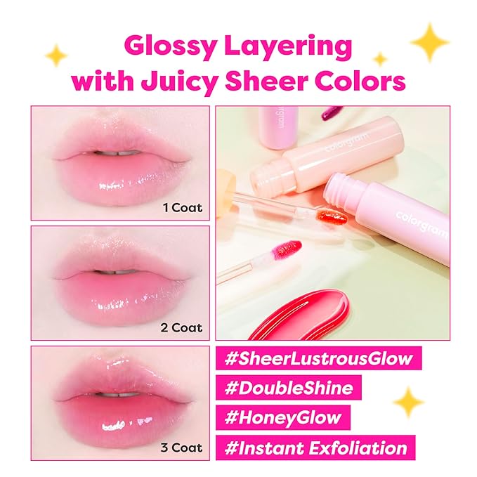 COLORGRAM FRUITY GLASS GLOSS 03 GIGGLE STRAWBERRY | Non-Sticky Glossy Lip Tint with Glass-Like Shine | Long-Lasting Hydrating Lip Gloss for Smooth & Plump Lips