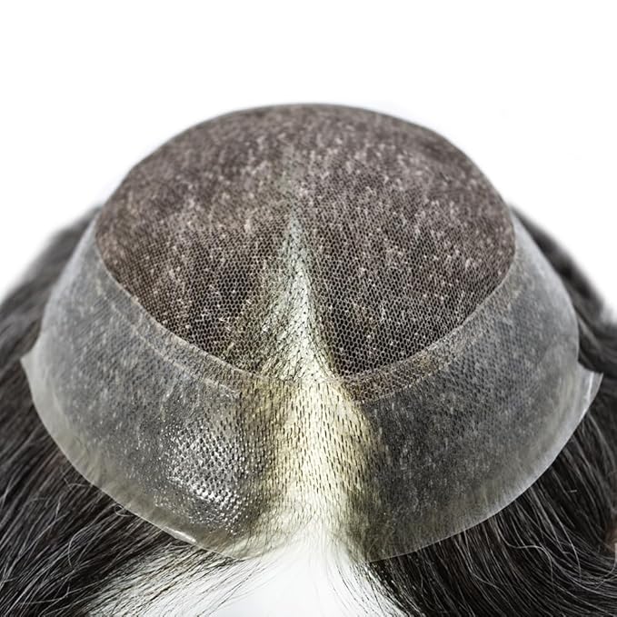 Mens Toupee Human Hair Piece French Lace Toupee for Man Hair System Indian Human Hair Replacement Systems V-Looped PU Front Hairpieces 8"X10" #1B30 1B# OFF BLACK WITH 30% SYNTHETIC GREY