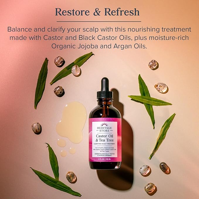 HERITAGE STORE Castor Oil & Tea Tree Oil Clarifying Scalp Treatment - Hair and Scalp Oil - w/Black Castor Oil, Organic Castor Oil, Jojoba Oil, Argan Oil - Hypoallergenic, Vegan, 60-Day Guarantee, 4oz