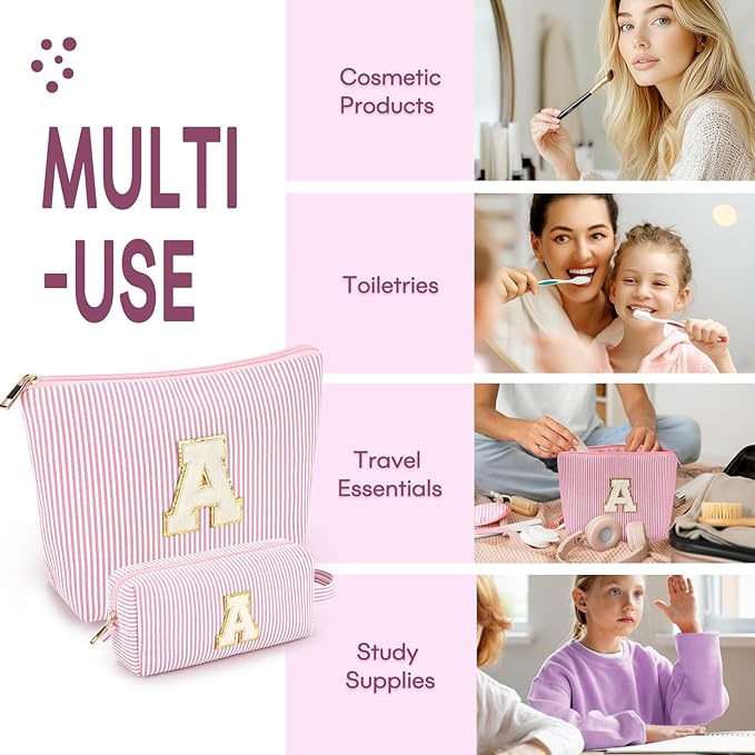 2 PCS Initial Makeup Bags for Women: Cosmetic Bag for Travel Toiletry - Birthday Gifts for 11 12 13 14 15 16 17 18 Years Old Girl Graduation Teacher Gift- Teen Girl Gifts Trendy Stuff - Light Pink S