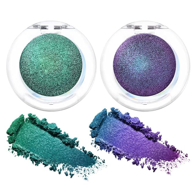 evpct 2Pcs Shimmer Teal Dark Sapphire Blue Bright Purple Multichrome Chrome Single Eye Shadow Palette Makeup for Older Women, Glitter Metallic Duochrome Chameleon Gothic Iridescent Eyeshadow Palette