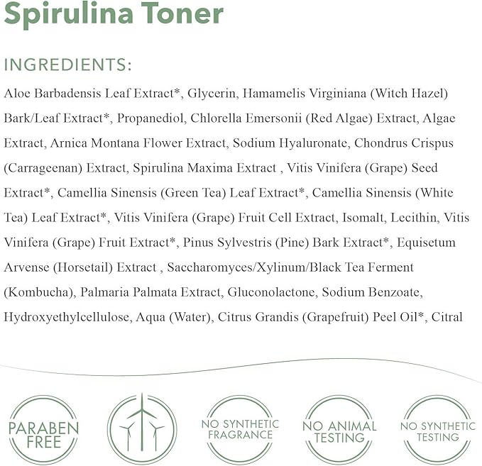 emerginC Scientific Organics Spirulina Toner - Gentle + Effective Toner for Face with Plant Stem Cells + Witch Hazel (4 oz, 120 ml)