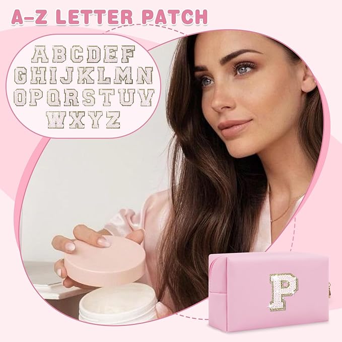 Small Personalized Initial A-Z Patch Makeup Bag,Pink Cute PU Leather Glitter Letter Cosmetic Bag for Teen Girls,Travel Toiletry Bag with Zipper,Preppy Monogrammed Birthday Gift for Daughter Niece P