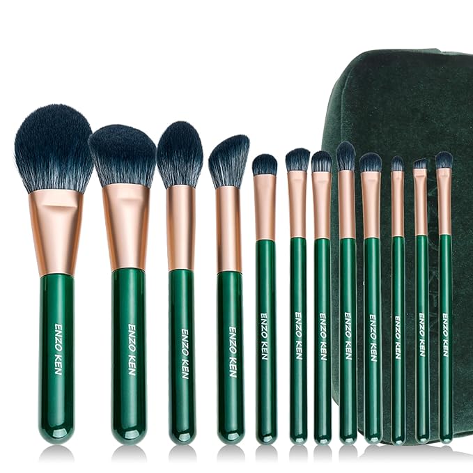 Natural Fiber & Goat Hair Makeup Brush Set Professional, Combined Hair Makeup Brushes Set with Case by Luxury ENZO KEN, Emerald Green Cosmetic Brushes Makeup Set, Natural Bristle Makeup Brushes.