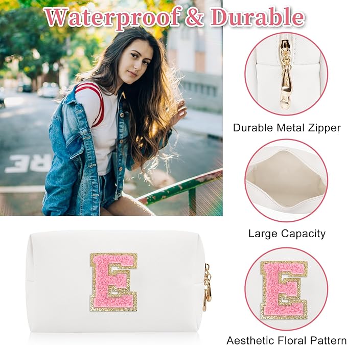 Iqimott Personalized Initial Letter Patch Makeup Bag, Preppy Portable Chenille Letter Cosmetic Bag with Zipper, PU Leather Waterproof Travel Toiletry Bag Monogram Make Up Pouch Girls(Letter E)