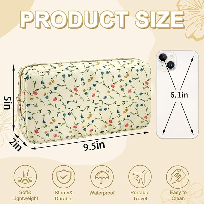 Waterproof Small Floral Makeup Bag Pouch for Purse,Nylon Flower Cosmetic Bag Preppy Travel Toiletry Storage Bag for Women Girl,Cute Makeup Organizer Bag Pouch with Zipper(Small Light Yellow-Flowers)