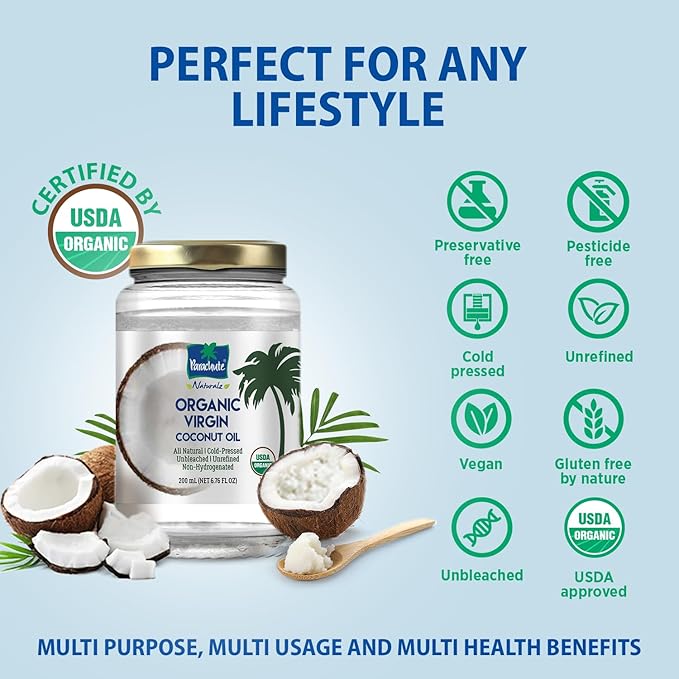 "Parachute Naturalz Organic Virgin Coconut Oil | Cooking Oil, Hair Oil, Body Oil & Oil Pulling | Cold Pressed | Unbleached | Unrefined | Non-Hydrogenated | MCT Oil | USDA Certified |6.7 Fl. Oz. | Glass Jar"