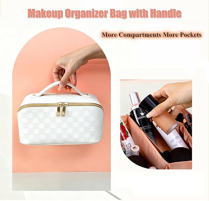 Cosmetic Bag,Travel Makeup Bag, Large Capacity Cosmetic Bags for Women, Waterproof Portable Open Flat Toiletry Bags,Makeup Organizer Bag with Divider and Handle, Cosmetic Pouch Gifts for Women (White)