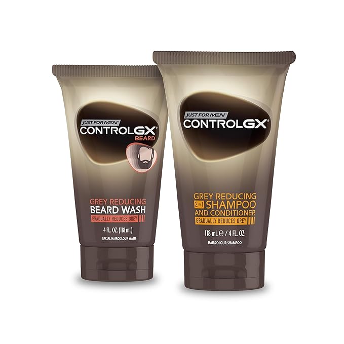 Just for Men Control GX Multipack, 2 in 1 Grey Reducing Shampoo and Conditioner and Mustache and Beard Wash, Gradually Colors Grey Hair, 4 oz. Bottles