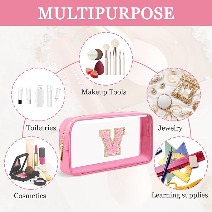 Small Clear Personalized Initial Makeup Bag, Preppy Nylon A-Z Chenille Letter Patch Makeup Organizer TSA Approved Travel Toiletry Bag,Waterproof Zip Beach Cosmetic Pouch Purse for Women(Pink-Pink V)