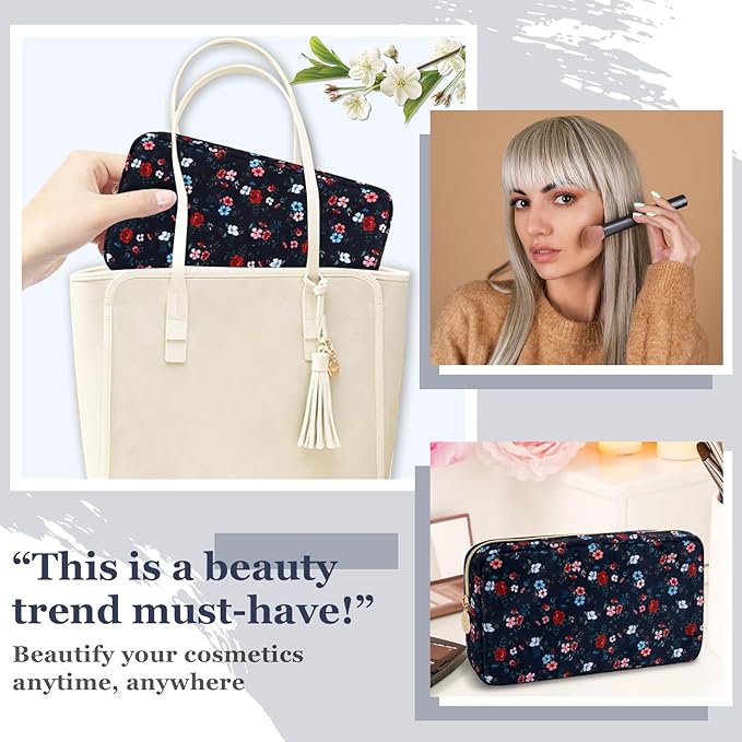 Nylon Small Floral Makeup Bag for Purse, Cute Preppy Makeup Bag Cosmetic Zipper Pouch Purse, Waterproof Portable Travel Set Toiletry Bag Make Up Brush Bag Organizer Storage for Women(Navy Blue-Flower)