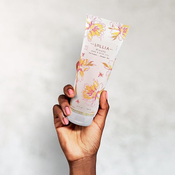 LOLLIA Breathe Shower Gel, 8 fl oz, Peony & White Lily, Luxury Shea Moisture Hydrating Women's Body Wash, Delicate & Relaxing Scented Bath Soap for Self Care