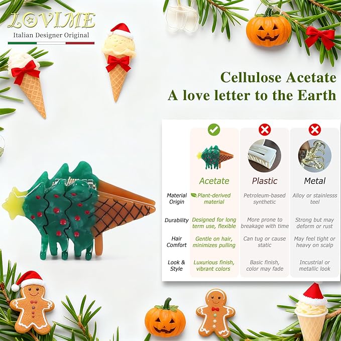 Original Italian Designed Mini Christmas Hair Claw Clips for Women, Strong Grip Plant-Based Acetate Hair Clips for Girls, Cute Christmas Tree Ice Cream Hair Accessories with Gift Box 1pcs