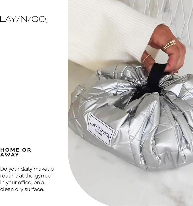 Lay-n-Go Cosmo Layflat Drawstring Cosmetic & Makeup Bag Organizer - Portable Drawstring Bag w/Zipper Pocket, Makeup Loops & More - Durable, Machine Washable Toiletry Bag for Travel (20", Black)
