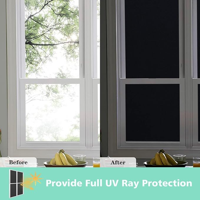 Volcanics Blackout Window Film with Installation Tools, Privacy Frosted Sun Blocking Black Window Cover Room Darkening Window Tint for Home Static Cling 100% Light Blocking 35.4 x 78.7 Inches