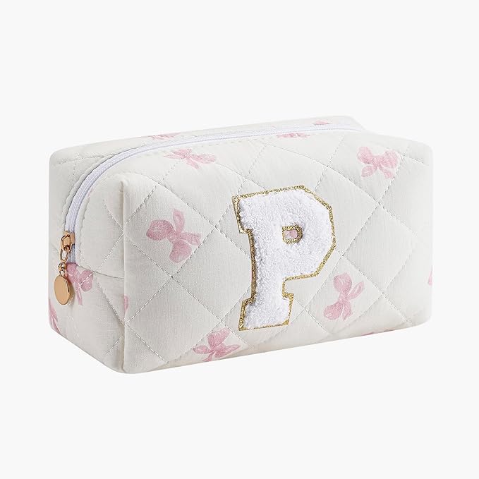 Gleyemor Personalized Initial Makeup Bag for Women, Cute Quilted Pink Floral Cotton Cosmetic Bag, Christmas Gifts for Her Mom Friend Sister Bridesmaid Teacher Women P