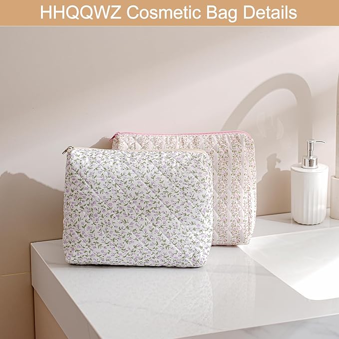 Makeup Bag Travel Cosmetic Bag for Women Girls, Zipper Make Up Pouch, Floral Flowers Toiletry Organizer Makeup, Portable Storage Cosmetic Travel Cloth Bag (L/Blue Bowknot)