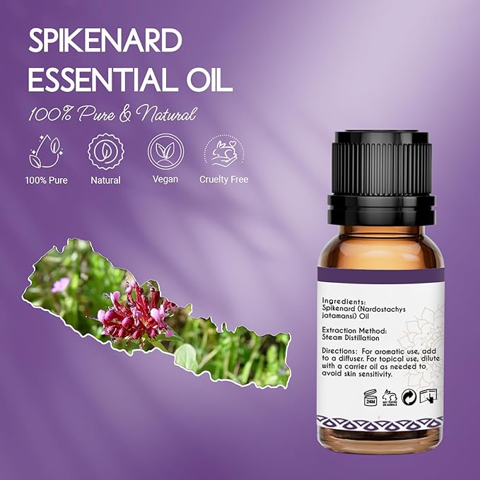 100% Pure Spikenard Essential Oil 0.34 Fl Oz, Natural Spikenard Oil in Amber Glass Bottle with Dropper for Diffuser Massage Skin Care DIY