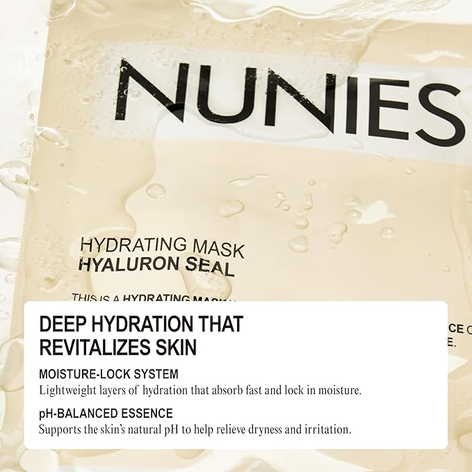 NUNIES Hydrating Sheet Mask – Korean Moisturizing Face Mask for Dry & Sensitive Skin | 10-Layer Hyaluronic Acid, Trehalose & Allantoin | Glow, pH-Balanced | Fragrance-Free, Colorant-Free | 5 Sheets