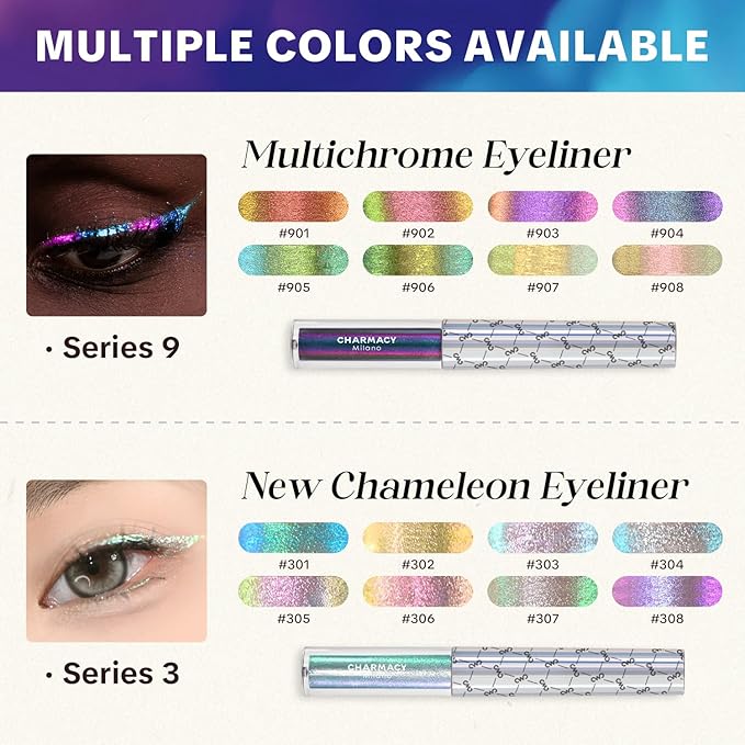 Chameleon Glitter Liquid Eyeliner, Highly Pigmented Intense Color Shifting, Waterproof Eyeliner Metallic Multi-Reflective Finish, Longwearing, Smudge-proof, Ultra-Fine Tip, PINK GOLD GREEN 902