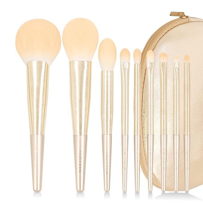Natural Hair Makeup Brush Set Professional, Fox Hair Makeup Brushes Set with Case by Luxury ENZO KEN, Gold Cosmetic Brushes Makeup Set, Natural Makeup Brushes, Natural Bristle Makeup Brushes.(Cloud)