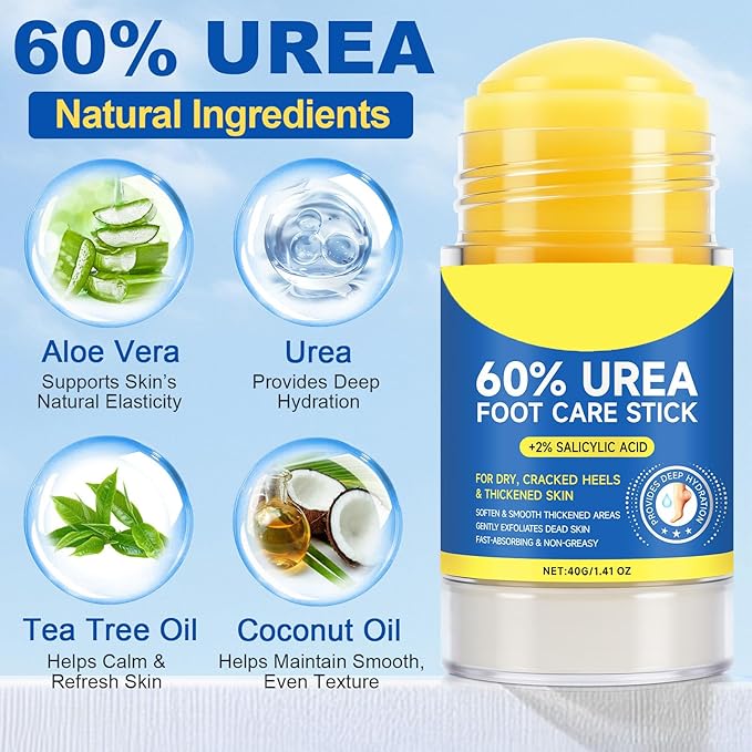 Foot Care Stick with 60% Urea 2% Salicylic Acid Aloe Vera coconut tea tree oil, Foot Callus Dead Hard Skin Remover Moisturizer for Rough Dry Cracked Feet, Knees, Elbows, Hands Repair Stick