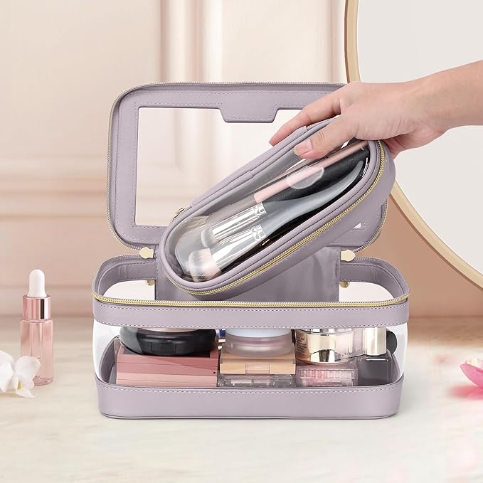 Travel Clear Makeup Bag with Makeup Brush Bag, Leather Makeup Case Toiletry Bag, Portable Cosmetic Bag Case, Transparent Waterproof Cosmetic Organizer Storage Bag for Women, Purple