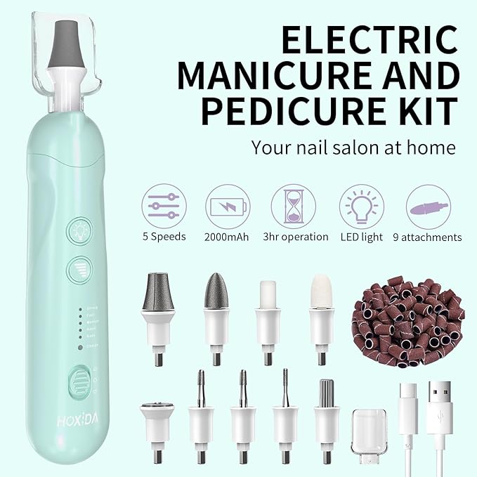 Manicure Pedicure Kit for Women, Professional Nail Grinder for Senior Thick Toenail, Cordless Electric Nail File, 5 Speeds Pedicure Tools for feet Callus Remover, Nail Drill for Women Hand Feet Care
