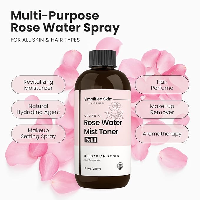 Rose Water Spray for Face & Hair (Refill) - Organic USDA Certified Rosewater Facial Toner - Alcohol-Free Makeup Setting Hydrating Face Mist - Anti-Aging Toner Spray - 8 Fl Oz