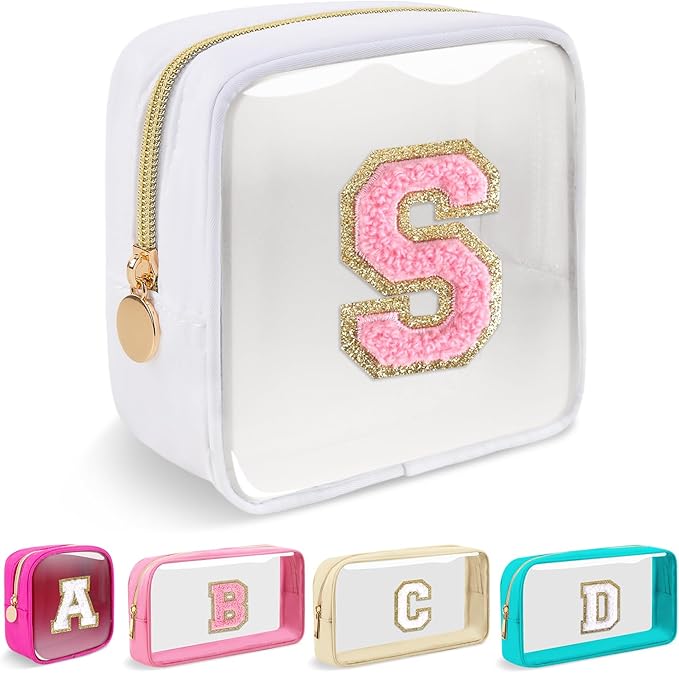 Mini Clear Personalized Initial Makeup Bag,Nylon Preppy A-Z Chenille Letter Patch Zipper Cosmetic Bag, Small Cute Beach Pouch Travel Purse Sanitary Napkin Storage Bag for Women Girls(White-Pink S)