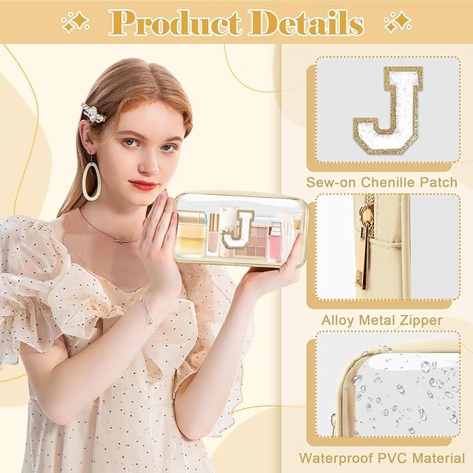 Personalized Initial Letter Clear Makeup Bag,Preppy Small Nylon&PVC Cosmetic Zipper Bag with Chenille Letter,Portable Beach Travel Skincare Toiletry Bag,Trendy Monogram Gift for Teen Girls Women,J