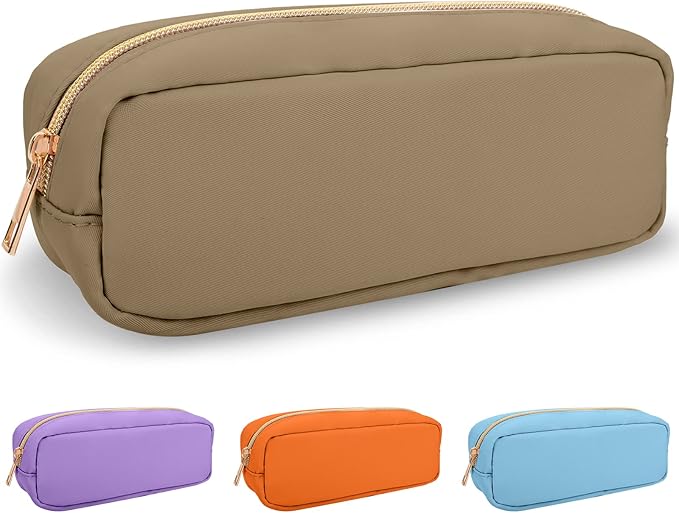IZUZTA Nylon Slim Makeup Bag, Preppy Cute Makeup Brush Case Bag, Waterproof Travel Toiletry Bag Clutch Coin Pouch Make Up Organizer for Women Girls (Khaki)