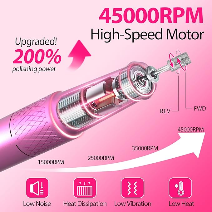 Professional Electric Nail Drill E-File Machine - 45,000 RPM Corded Nail Drills Kit with Low Noise & LED Display for Shaping, Removing & Polishing Acrylic Gel Nails for Salon Home