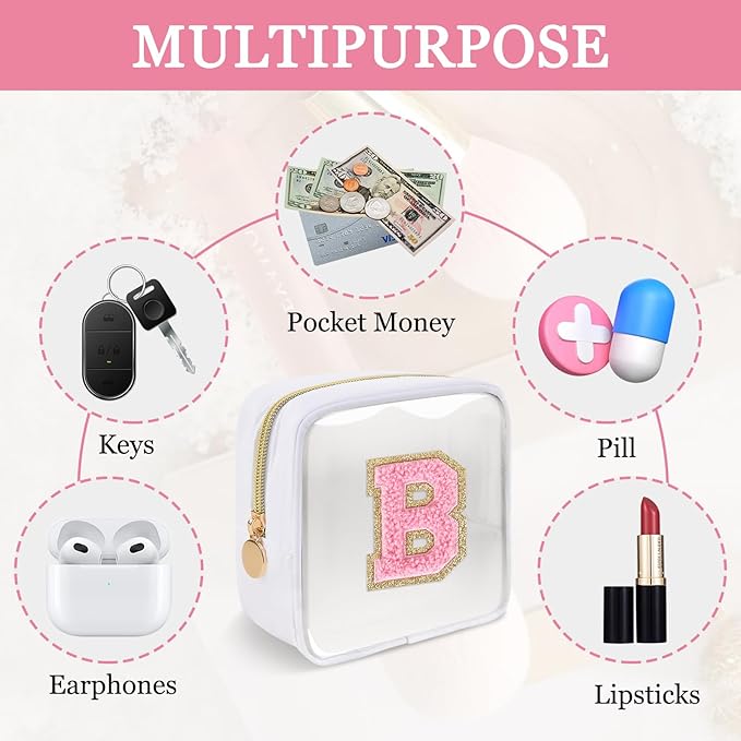 Mini Clear Personalized Initial Makeup Bag,Nylon Preppy A-Z Chenille Letter Patch Zipper Cosmetic Bag, Small Cute Beach Pouch Travel Purse Sanitary Napkin Storage Bag for Women Girls(White-Pink B)