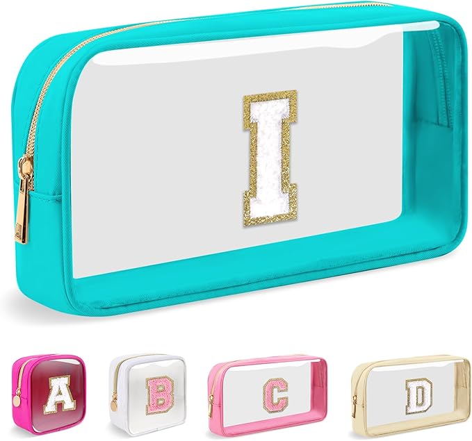 Small Clear Personalized Initial Makeup Bag,Nylon Preppy A-Z Chenille Letter Patch Cosmetic Pouch Beach Toiletry Bag,Waterproof Zipper Travel Purse Storage Bag Organizer for Women Girls(Cyan-White I)