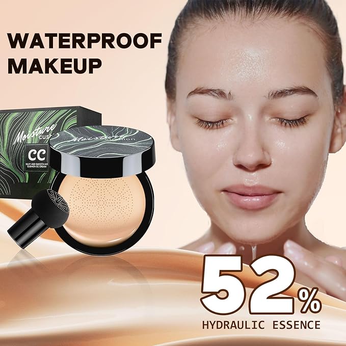 Mushroom Head Air Cushion CC Cream - Tattoo Cover up Makeup Waterproof Long-Lasting Moisturizing Concealer Foundation, Even Skin Tone for All Skin Types (Buff Beige)