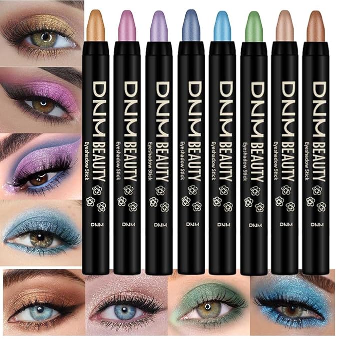 8Pcs Glitter Eye Shadow Sticks Liner Pencils Makeup Set, Desert Mocha Beige Gold Light Purple Pink Sky Dazzling Blue Geen Glitter Shimmer Eyeliner Pencil Cream Eyeshadow Palette Makeup for Older Women