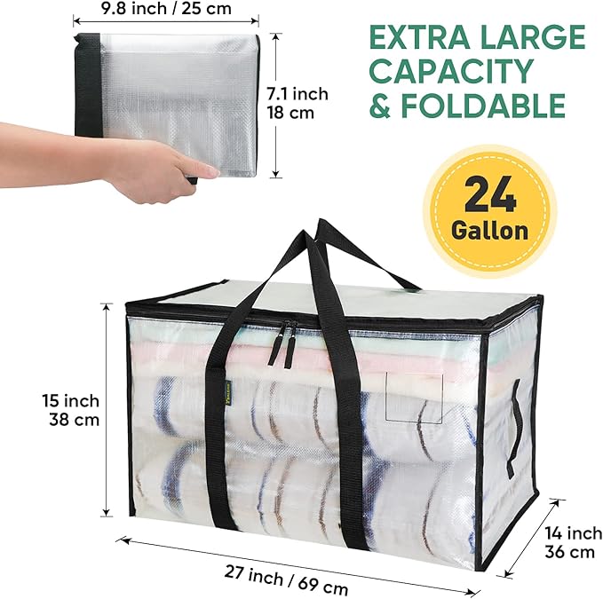 BALEINE 2-Pack Oversized Moving Bags with Reinforced Handles, Heavy-Duty Storage Tote for Clothes, Moving Supplies (Clear, 2-Pack)
