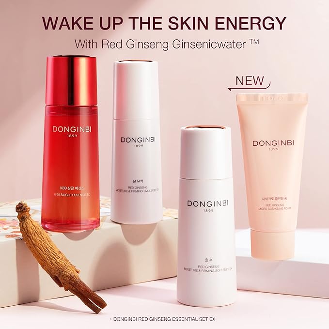 Donginbi Red Ginseng Essential Skin Care Set - Firming Moisturizer(1.69 floz), Hydrating Toner(2.37 floz), Korean Red Ginseng Essence(2.37 floz), Pore Cleaner(1.69 floz), Korean Skin Care