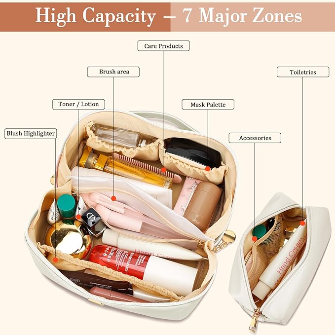 Birthday Gifts for Women Teen Girl, Personalized Initial Makeup Organizer Bag Set, Open Flat Travel Cosmetic Bag With Clear Divider and Handle(Beige,S)