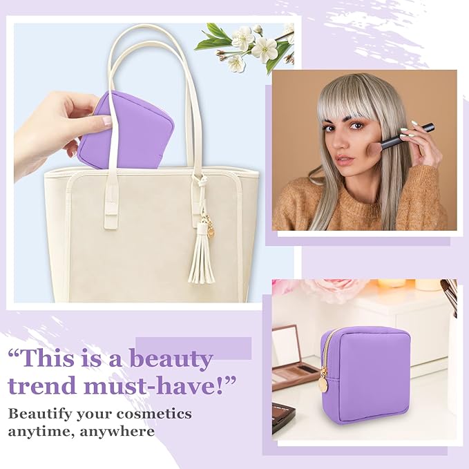 Nylon Mini Makeup Bag for Purse, Preppy Small Cute Makeup Bag Cosmetic Zipper Pouch Purse, Waterproof Travel Coin Pouch Sanitary Napkin Storage Bag Clutch Makeup Organizer for Women Men Girls(Purple)