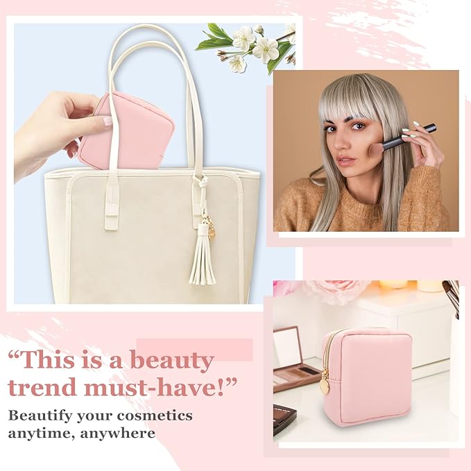 Nylon Mini Makeup Bag for Purse, Preppy Small Cute Pink Makeup Bag Cosmetic Zipper Pouch Purse, Waterproof Travel Coin Pouch Sanitary Napkin Storage Bag Clutch Makeup Organizer for Women Girls(Pink)