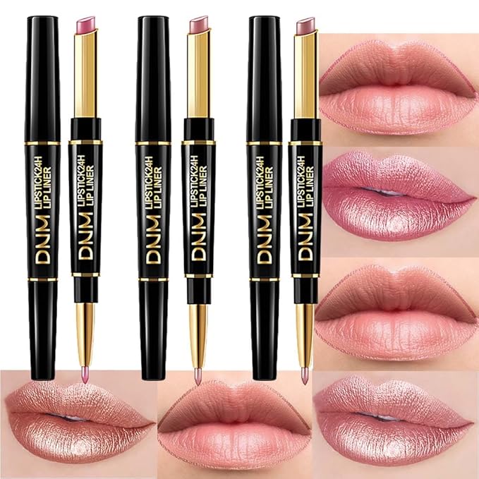 BINGBRUSH 3Pcs Double Ended Light Pink Rose Nude Brown Metallic Lip Liner and Lipstick Makeup Combo Set for Women, Lipliner 24 Hours Original Waterproof Long Lasting Lip Stains Pencil Kit Set