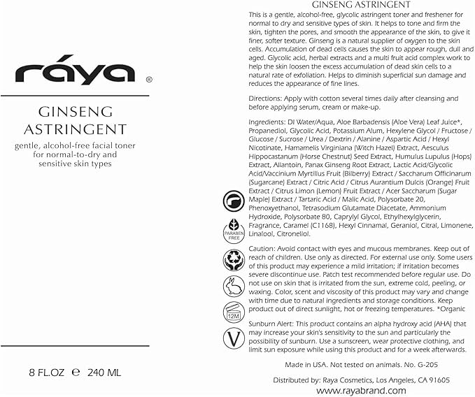 RAYA Ginseng Astringent with AHA 8 oz (G-205) | Gentle Glycolic Facial Toner for Dry and Sensitive Skin | Helps Tighten Pores, Smooth Complexion, and Reduce Fine Lines | Made with Alpha Hydroxy Acids